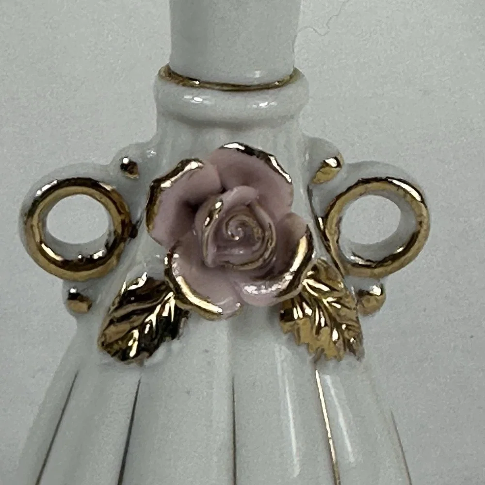 Vintage Pair Miniature Porcelain Bud Vases Pink Applied Roses Gold Trim 5